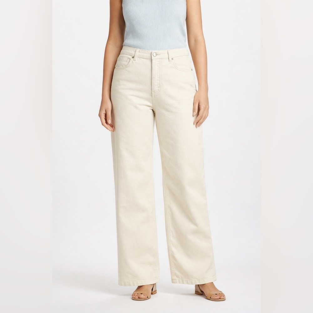 J.McLaughlin Cream Wide Leg Jeans Size 14 High Rise Stretch Cotton 31” Inseam